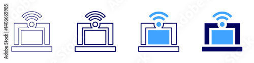 Laptop updates​ icon in 4 different styles. Thin Line, Line, Bold Line, Duotone. Duotone style. Editable stroke