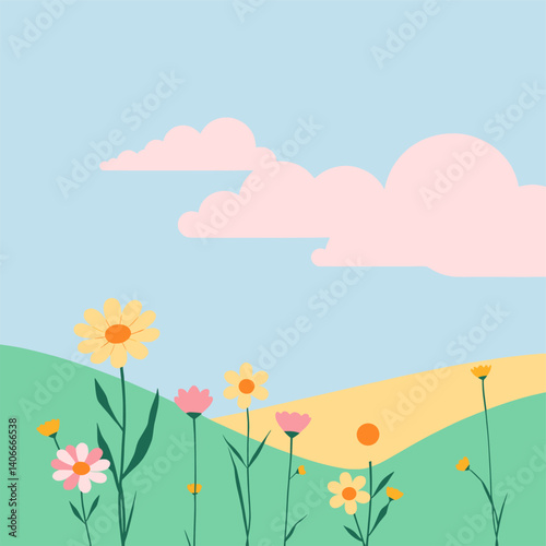 Pastel Spring Meadow with Rolling Hills and Fluffy Clouds