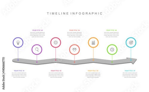 Business road map timeline infographic concept. with icons and 7 steps. Corporate milestones graphic elements. marketing data. Modern vector history timeline design presentation