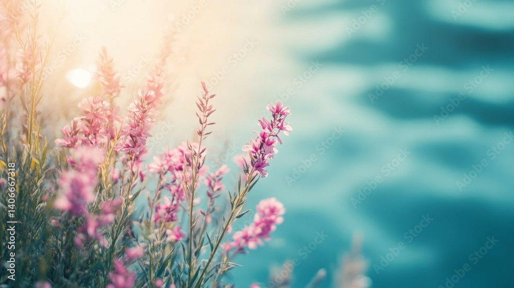 Obraz premium Pink Flower Blossom Near Water with Soft Sunset Light Background