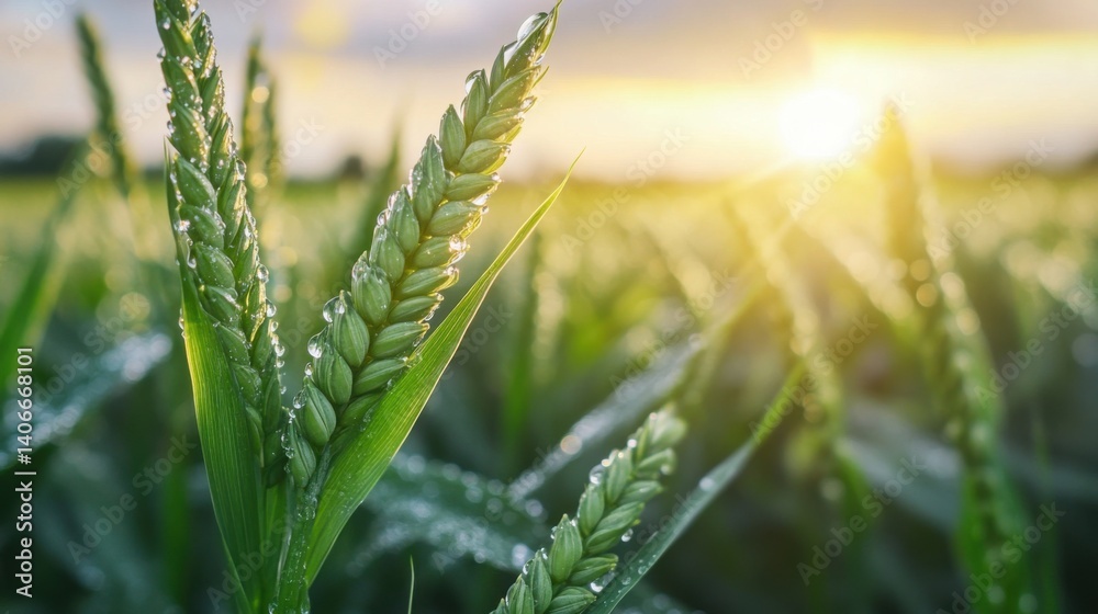green wheat leaves covered in fresh raindrops
