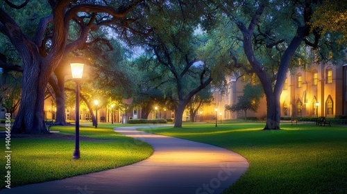 A night view of a university campus, with well-lit pathways, towering trees, and a peaceful, studious ambiance.