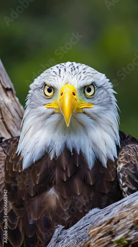 Captivating close-up portrait of a majestic bird of prey perched on a branch, showcasing its sharp eyes and powerful yellow beak.
