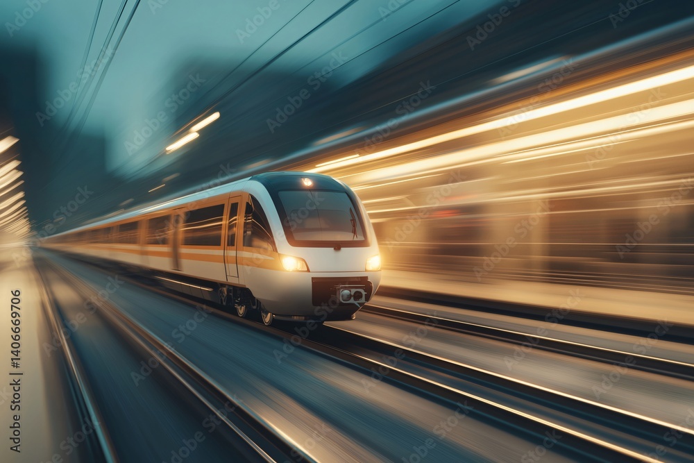 High-speed maglev train transporting qcommerce urban rail station dynamic scene evening light motion blur