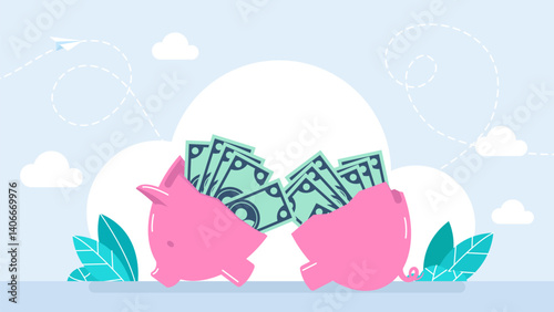 Piggy bank with Money. Investments, safe keeps dollar. Keep and accumulate cash savings. Safe finance investment. Financial services. Money saving and bank business graphic design. Vector illustration