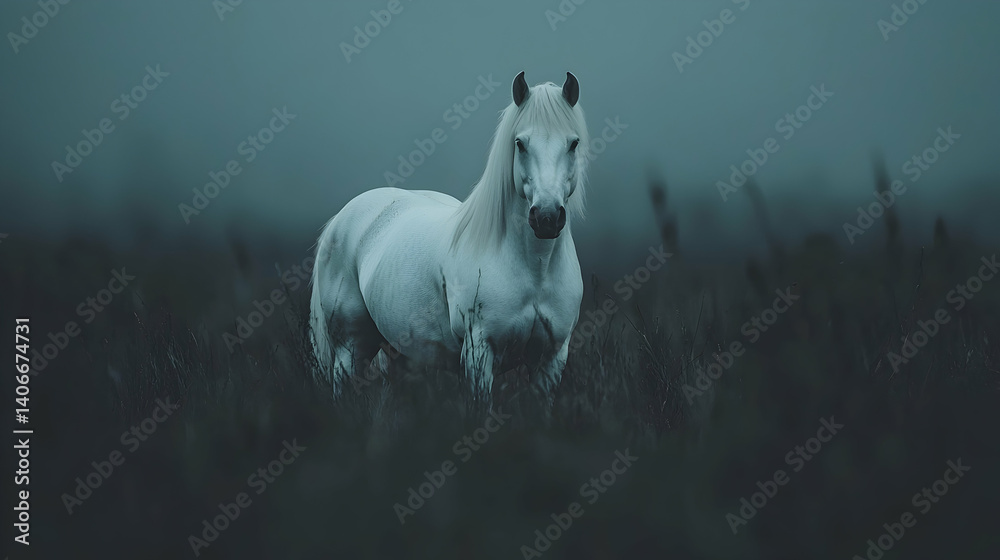 Fototapeta premium Majestic white horse in misty field tranquil nature photography