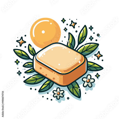 Natural soap bar with orange and leafy decorations. Perfect for organic skincare, handmade cosmetics, and aromatherapy product marketing.