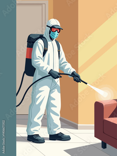 pest control worker in full protective suit disinfecting a modern apartment, using a spray device