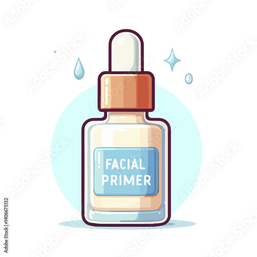 Facial primer bottle with dropper in blue and white. Ideal for beauty blogs, skincare products, cosmetic advertising and makeup tutorials.