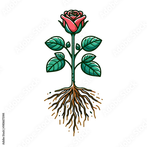 Rose plant with roots in vector style, botanical illustration. Ideal for gardening tutorials, plant growth education and botanist publications.