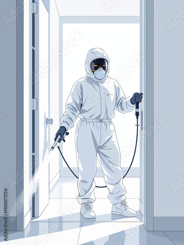 pest control worker in full protective suit disinfecting a modern apartment, using a spray device