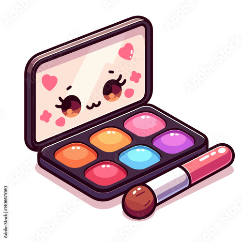 Cute kawaii makeup palette with eyeshadow and lipstick. Perfect for beauty blogs, teen makeup tutorials and cosmetic product branding.