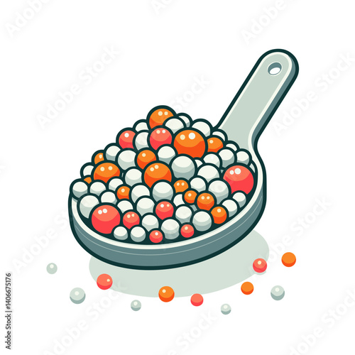Colorful cereal balls in scoop with scattered pieces. Ideal for breakfast food packaging, children's cereal advertising and healthy eating.