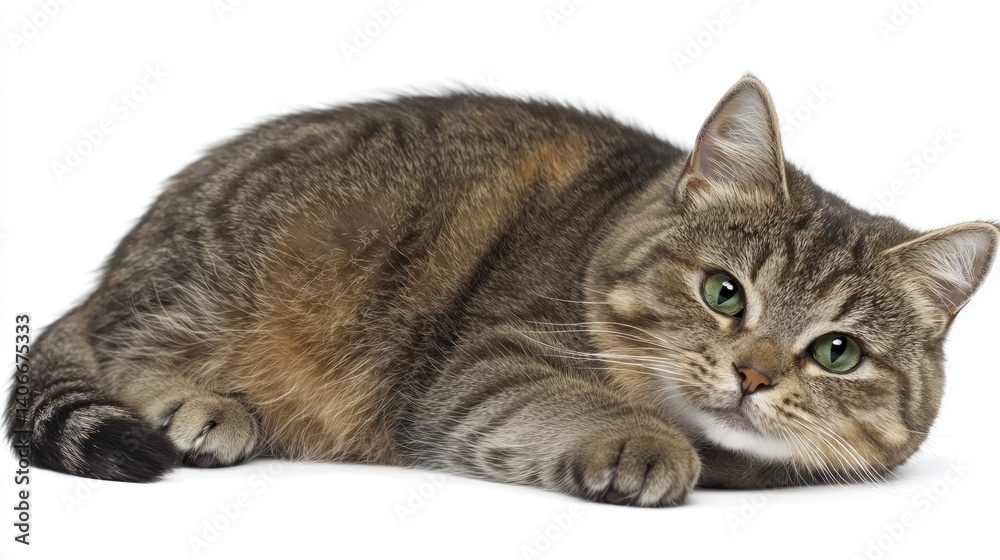 Obraz premium A tabby cat lying down, looking directly at the camera