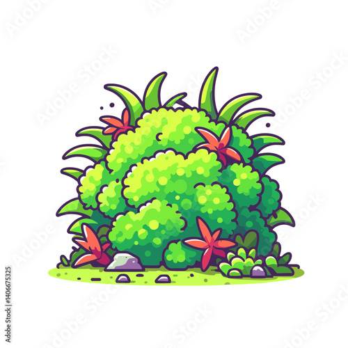 Bright green bush with colorful flowers and foliage. Ideal for garden design, landscaping services, and botanical illustration concepts.