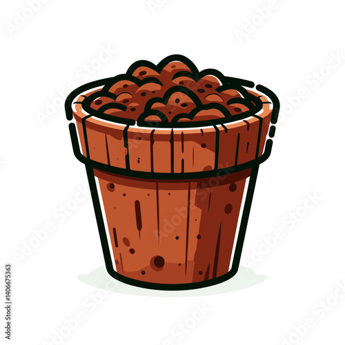 Wooden bucket filled with coffee beans. Ideal for coffee shops, organic beverage marketing, and artisanal food concepts.