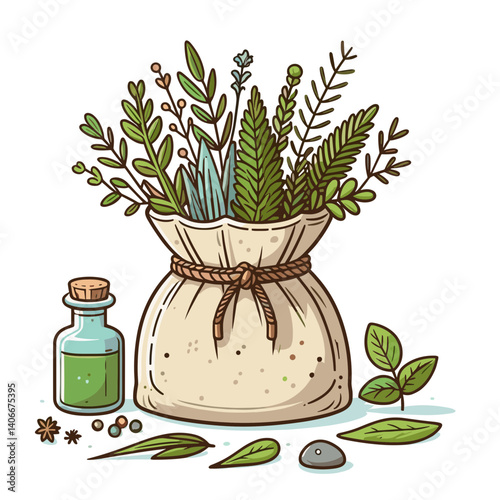 Herbal sack with plants and essential oil bottle. Great for natural remedies, aromatherapy products, and holistic wellness illustrations.
