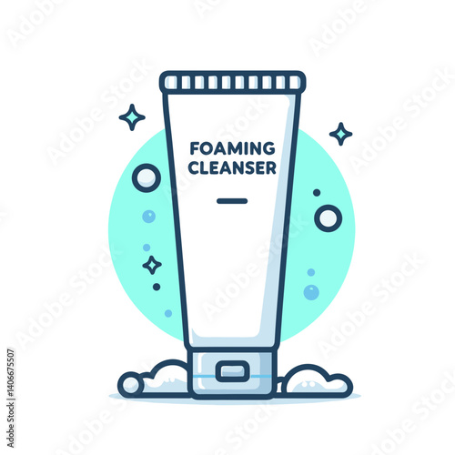 Vector illustration of foaming cleanser tube with bubbles, ideal for facial care marketing and skincare product advertising