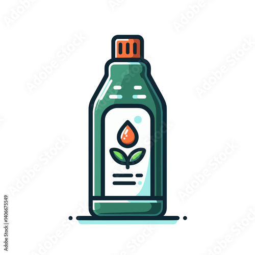 Illustration of a liquid plant fertilizer bottle with a drop and leaf design 