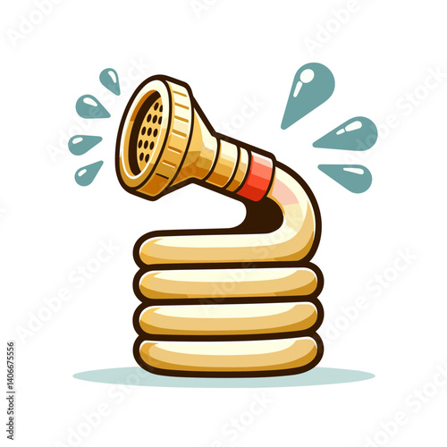 Garden hose with spray nozzle in coiled position. Perfect for gardening equipment, watering tools, and outdoor maintenance illustrations.