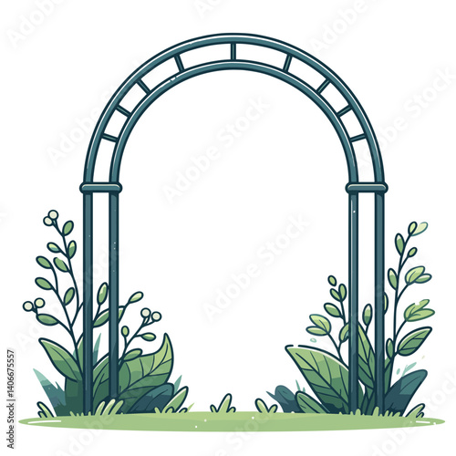 Vector illustration of garden arch with plants, ideal for wedding decoration and landscape design concepts