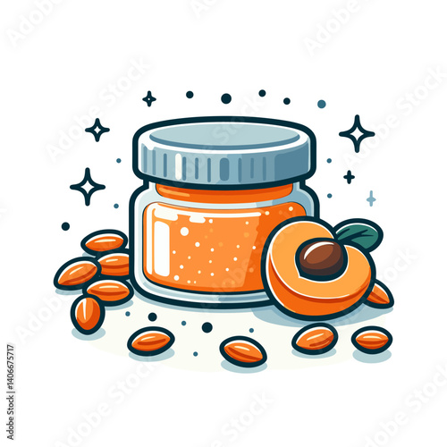 Apricot jam jar with fruit pieces in orange color. Ideal for homemade preserves, organic food packaging, and breakfast food promotion.