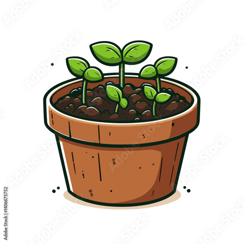 Young seedlings growing in terracotta pot with fresh sprouts. Ideal for gardening tutorials, plant nurseries, and sustainable living concepts.