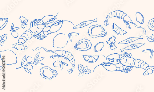 Horizontal vector pattern of seafood shrimps, oysters, lobster, lemons and olives. Mediterranean Dolce Vita style vintage illustrations for food, suitable for restaurant and marine cafe menu.