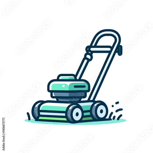 Lawn mower in green and blue colors with cutting action. Perfect for garden equipment retailers, lawn care services, and yard maintenance companies.