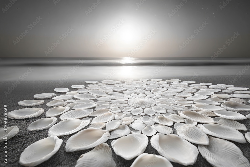 Obraz premium Seashells arranged in a mandala pattern on a beach at sunset, creating a serene and peaceful atmosphere.