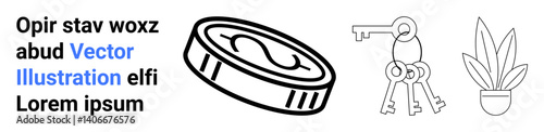 Dollar coin, keyring with keys, and plant pot represent wealth, security, and growth. Ideal for finance, real estate, savings, minimalism homeownership personal development flat landing page