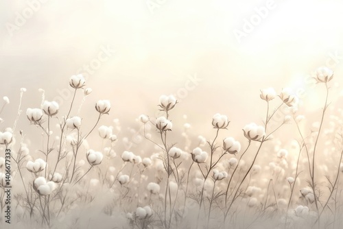 Soft, fluffy cotton blossoms bathed in warm sunlight, creating a serene and dreamy field.