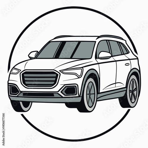 Stylish White Suv Vehicle Illustration Design Within A Circular Frame Graphic