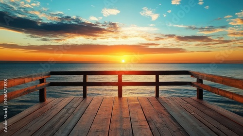 Tranquil Dawn: A Wooden Pier Offering a Gateway to the Ocean Sunrise Horizon