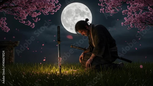 Samurai Kneeling in Cherry Blossom Field Under Full Moon with Sword on Ground and Petals Falling