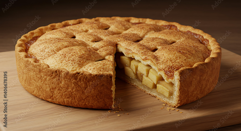 Whole baked apple pie on wooden surface with golden crust. Whole baked apple pie on wooden surface with golden crust.