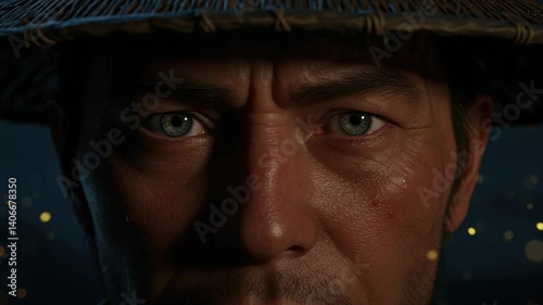 Intense Closeup Portrait of a Mature Man with Piercing Eyes and Detailed Facial Features at Night