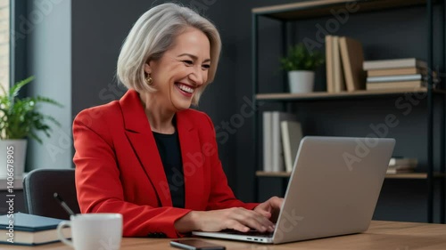 Cheerful Businesswoman Smiling While Working on Laptop in Modern Office Environment
