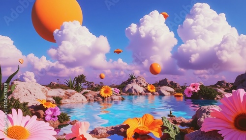 Surreal Oasis: Vibrant flowers bloom around a tranquil pool, under a sky filled with oversized, surreal clouds and floating orbs, creating a dreamlike, whimsical landscape.