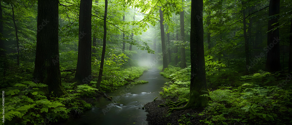 Obraz premium Misty Forest Stream (1)