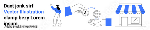 Person gesturing beside text, hand exchanging money and tokens, storefront with awning. Ideal for finance, e-commerce, retail, marketing, small business, online payment simple landing page