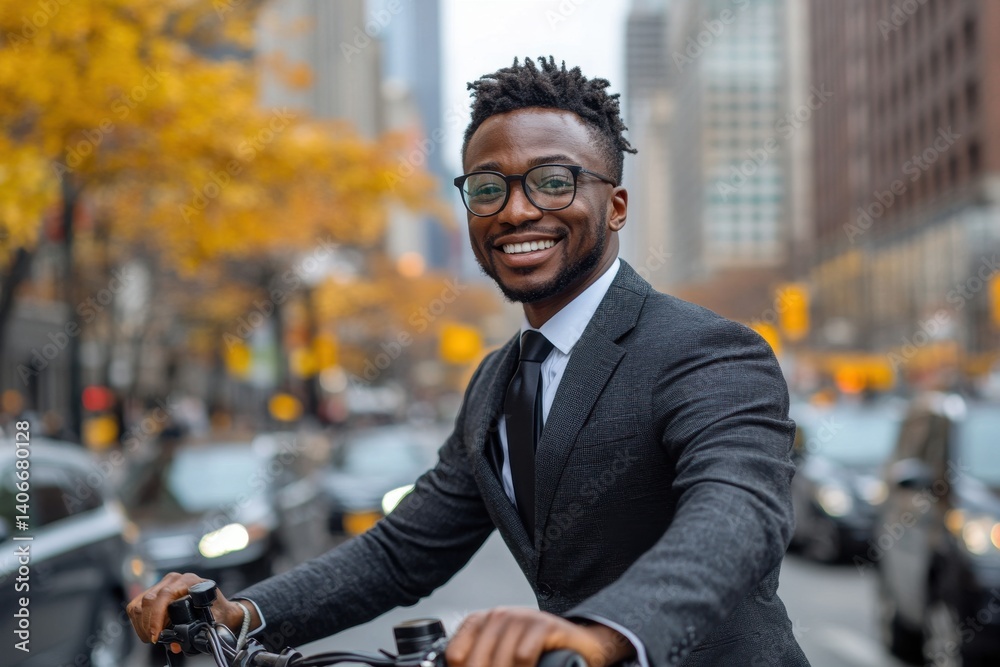 Smiling businessman rides bike in city Smiling businessman rides bike in city