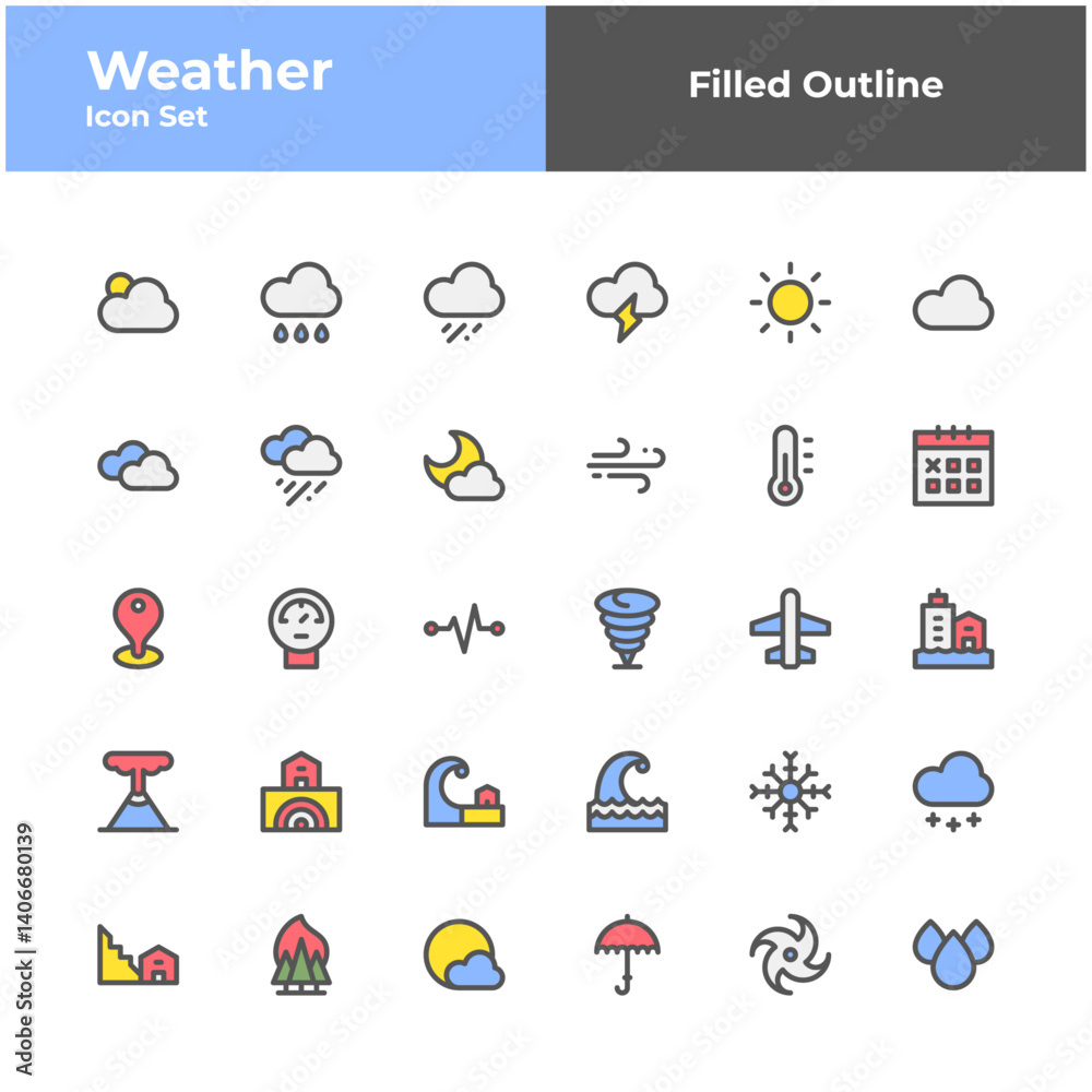 Fototapeta premium weather filled outline icon set. weather color line icon set. 