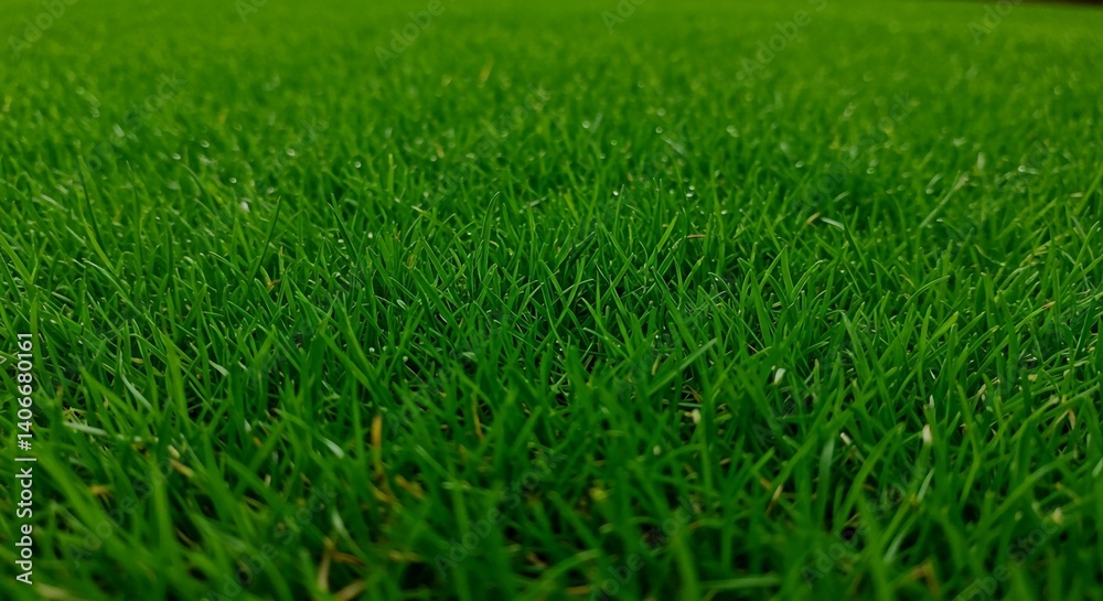 Fototapeta premium Captured with a shallow depth of field, a close-up view of lush green grass with vibrant uniform coverage highlights individual blades and freshness