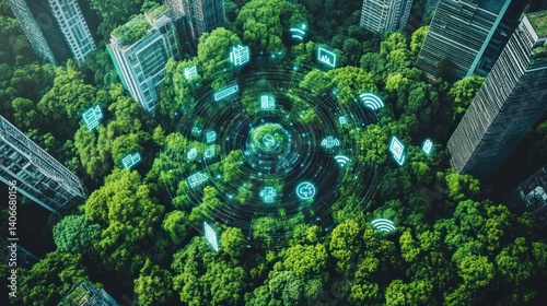 Green city with digital tech overlay above trees