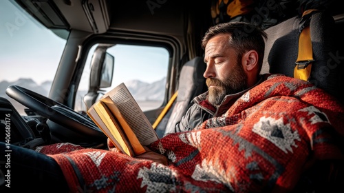 Trucker resting during journey reading book wrapped in blanket mountain view
