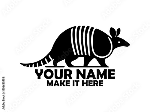 detailed silhouette of a nine-banded armadillo walking with its distinctive segmented shell and long tail. Wildlife illustration concept, armadillo in monochrome design, armadillo logo vector