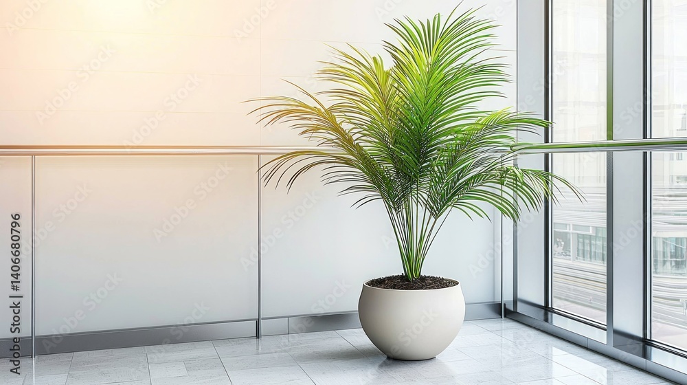 Fototapeta premium Modern office interior with a vibrant plant. A sleek, minimalist office space featuring a single, healthy plant in a round pot, brightening the corner. Sunlight streams through the large windows,