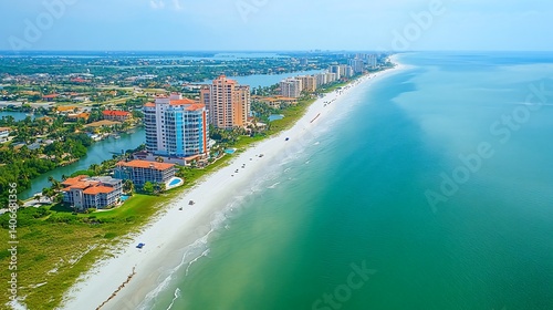Aerial view of coastal city, beach, ocean, and buildings.  Vacation travel brochure