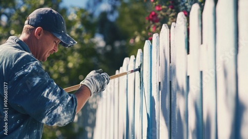 Painter painting a fence in a residential backyard. Featuring outdoor painting